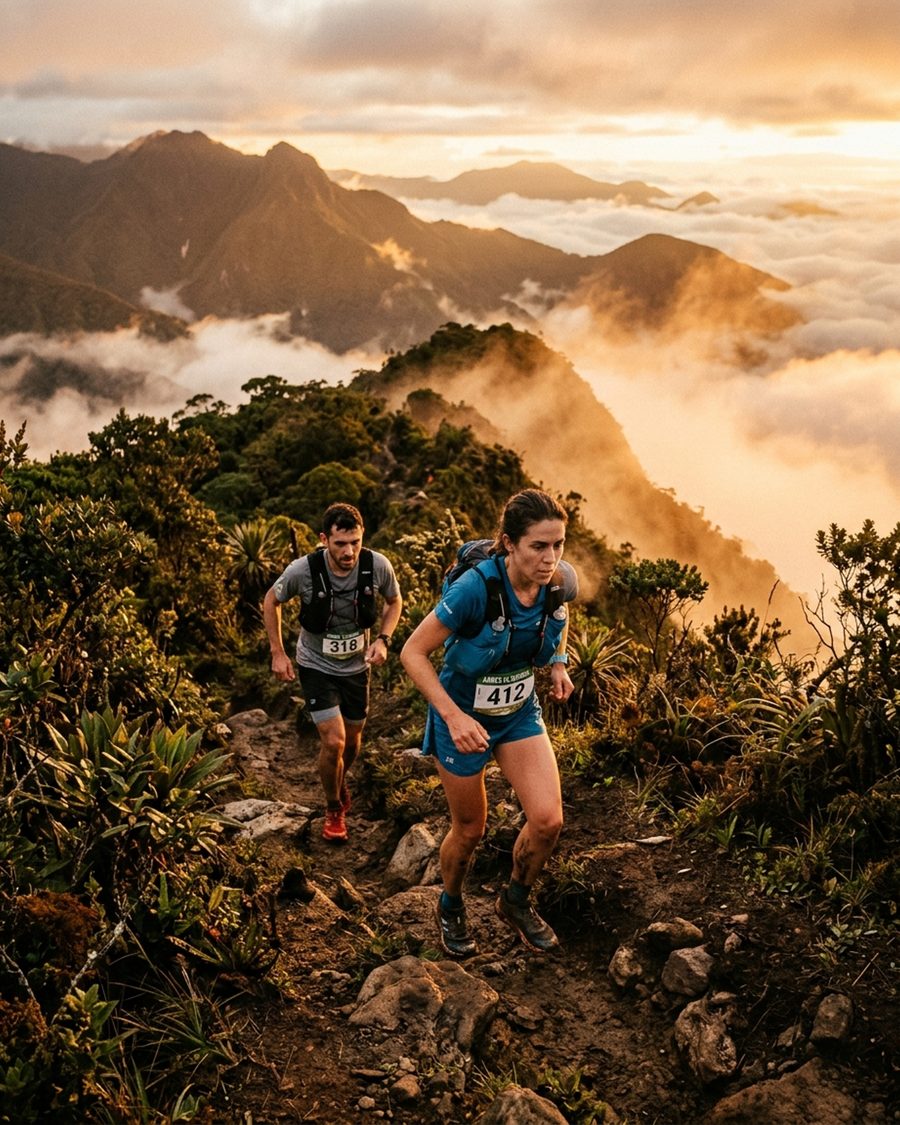 Dos competidores con dorsal subiendo una loma de montaña al amanecer, con las nubes por debajo del filo