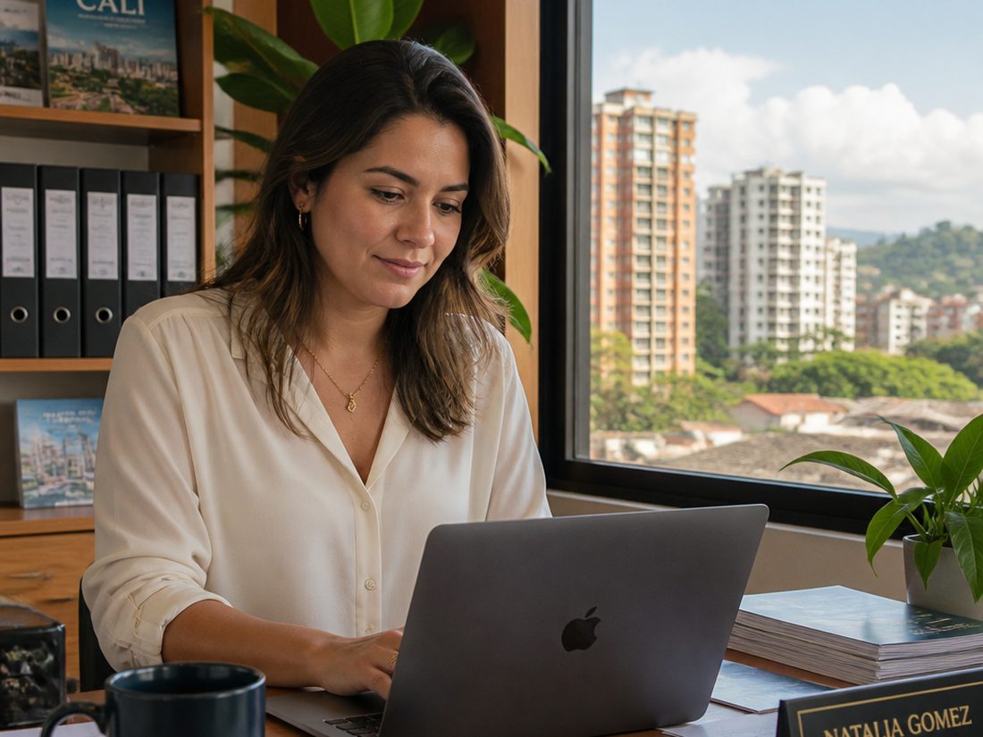 Administradora de una inmobiliaria revisando la facturación del mes desde su oficina