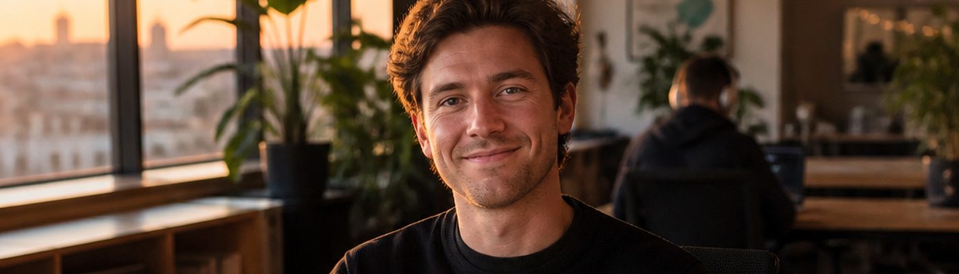 Fundador de una empresa pequeña trabajando en un espacio de coworking en Medellín