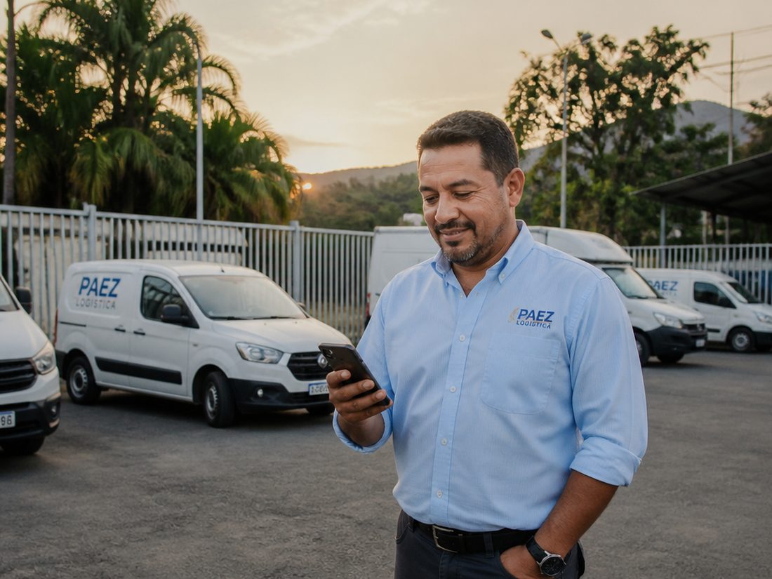 Coordinador de operaciones revisando su flota desde el celular en el patio de la empresa