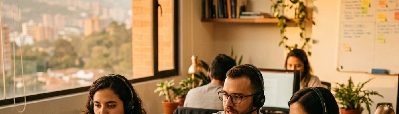 Equipo de mesa de servicio de Multitech atendiendo usuarios con diadema
